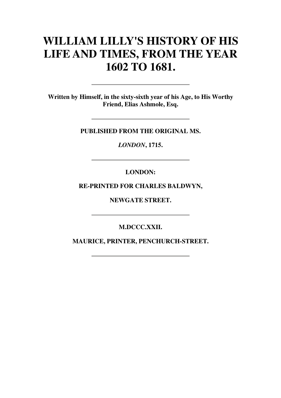 William Lilly's History of His Life and Times - W Lilly cover