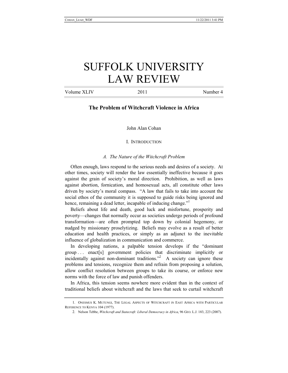 Cohan, John Alan - 'The Problem of Witchcraft Violence in Africa.' Suffolk University law Review 44, n. 4(2011) 803-72. cover