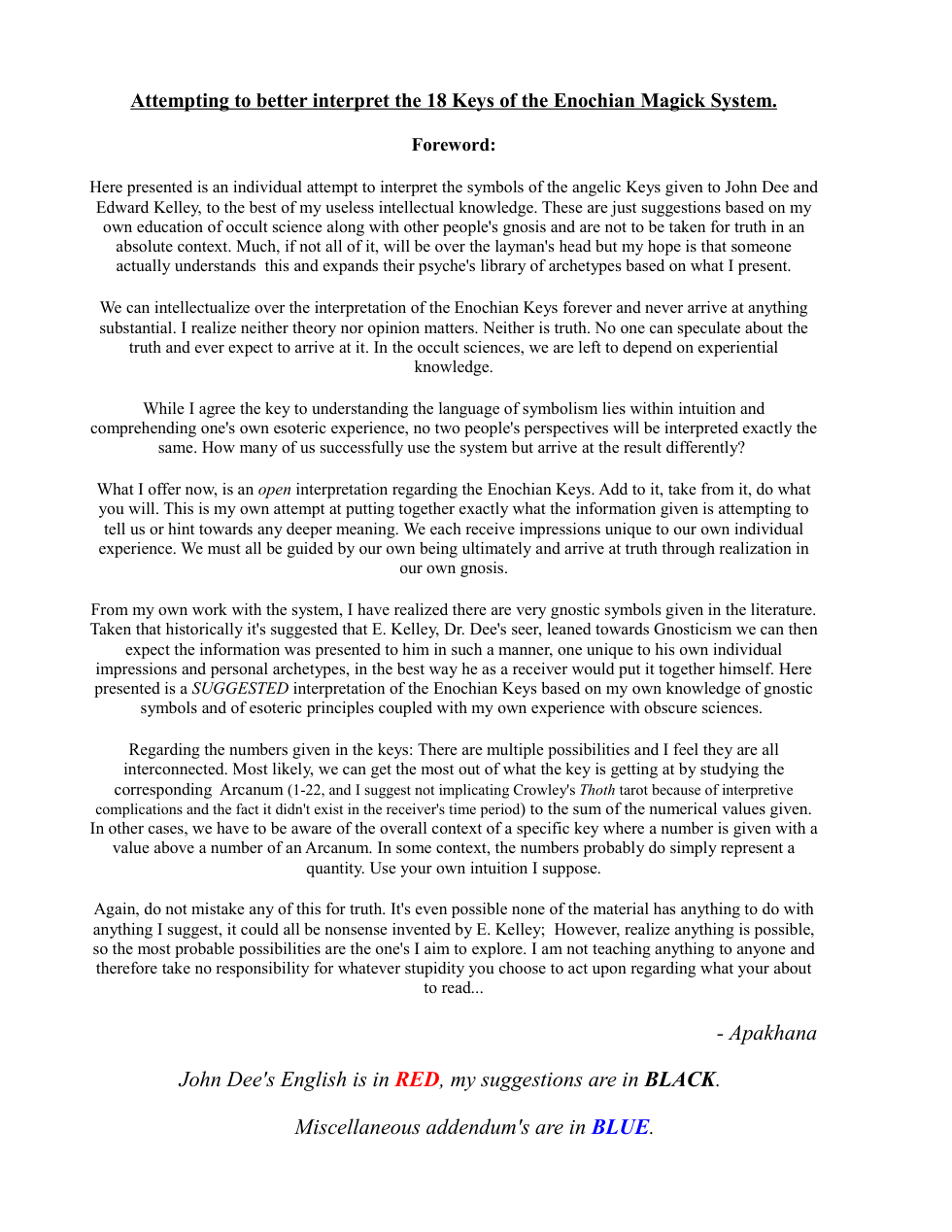 Apakhana - Attempting to better interpret the 18 Keys of the Enochian Magick System cover