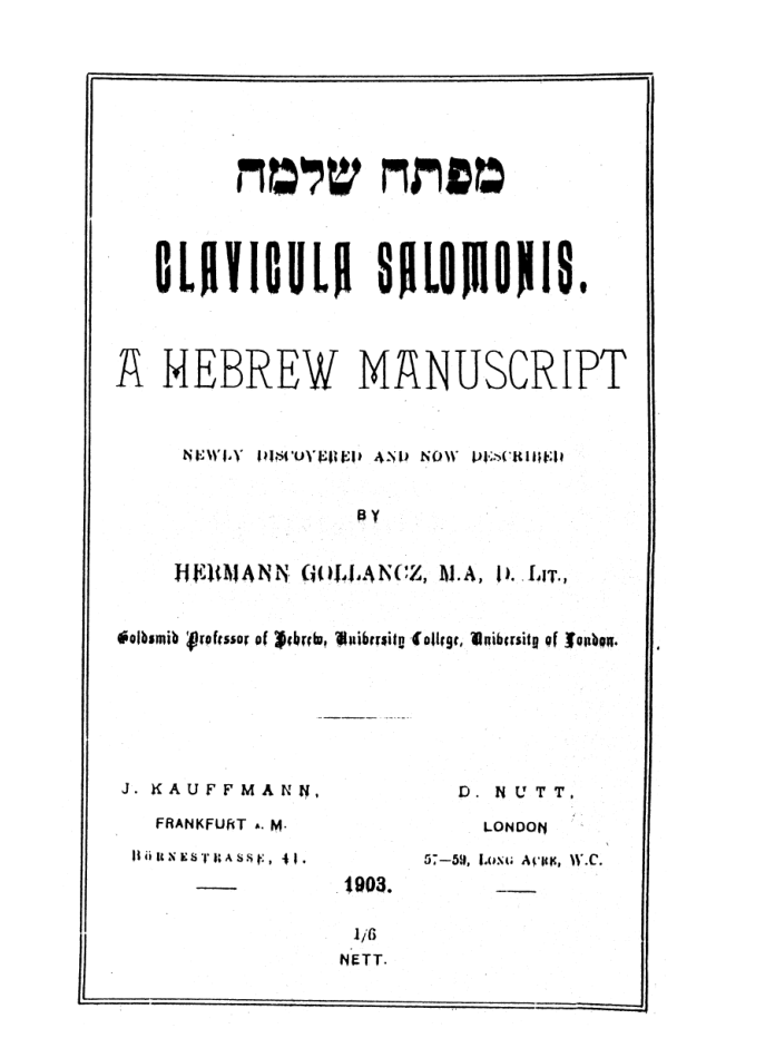 Gollancz - Clavicula Salomonis - A Hebrew Manuscript cover
