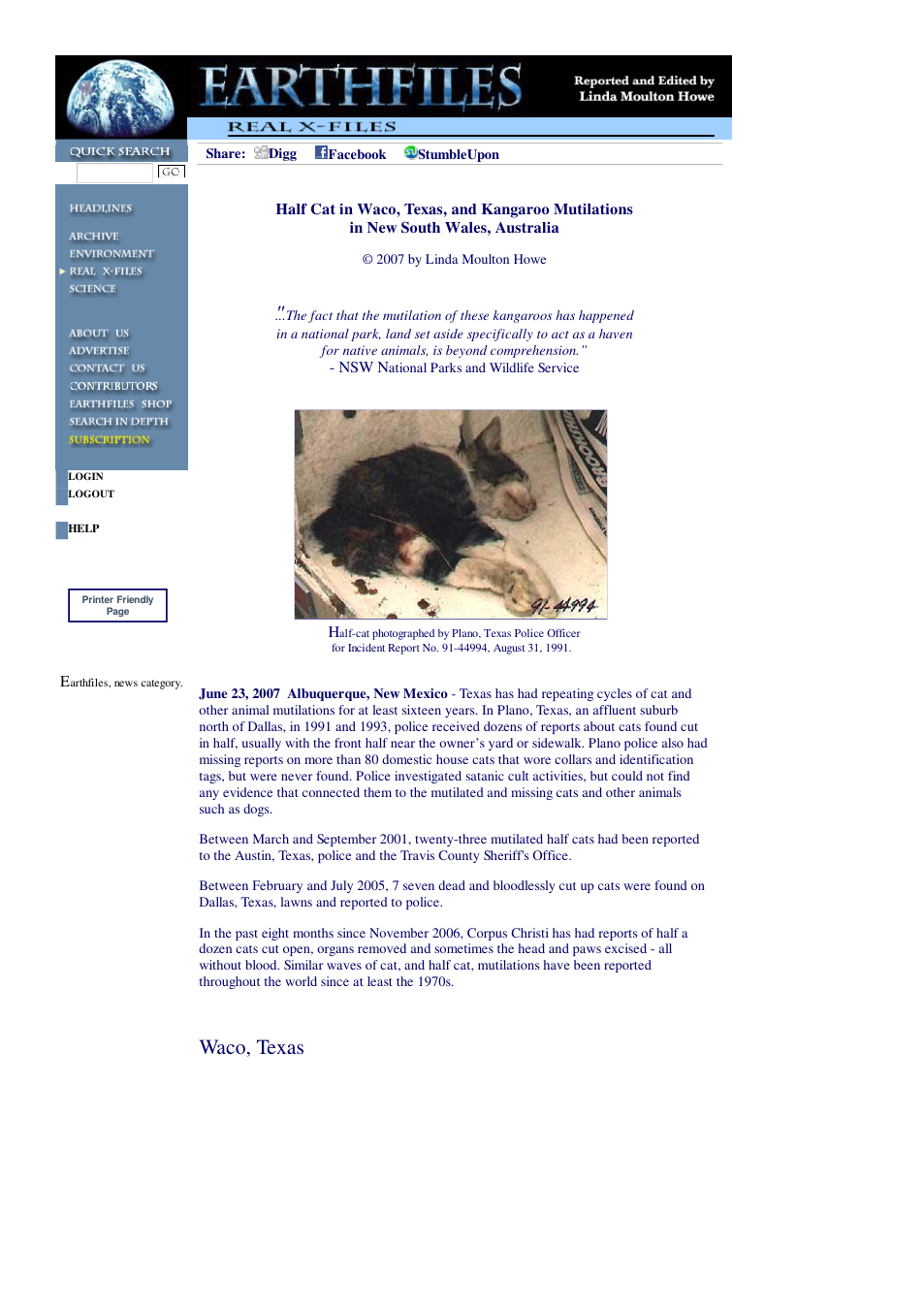 06 25 2007 Updated Half Cat in Waco, Texas, and Kangaroo Mutilations in New South Wales, Australia cover