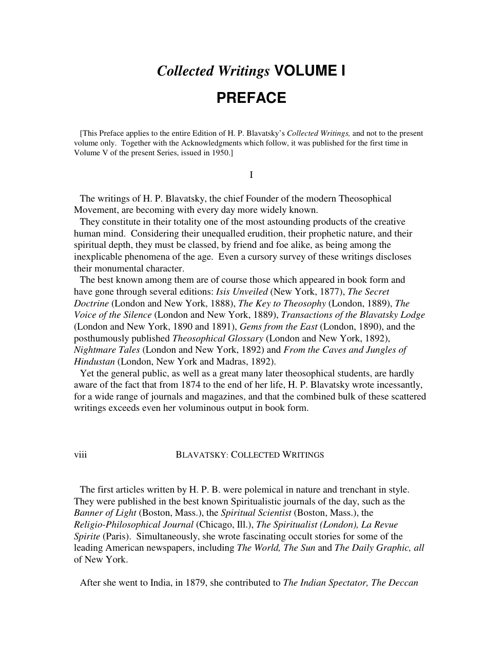 H P Blavatsky - Collected Writings Volume I (1874-1878) cover