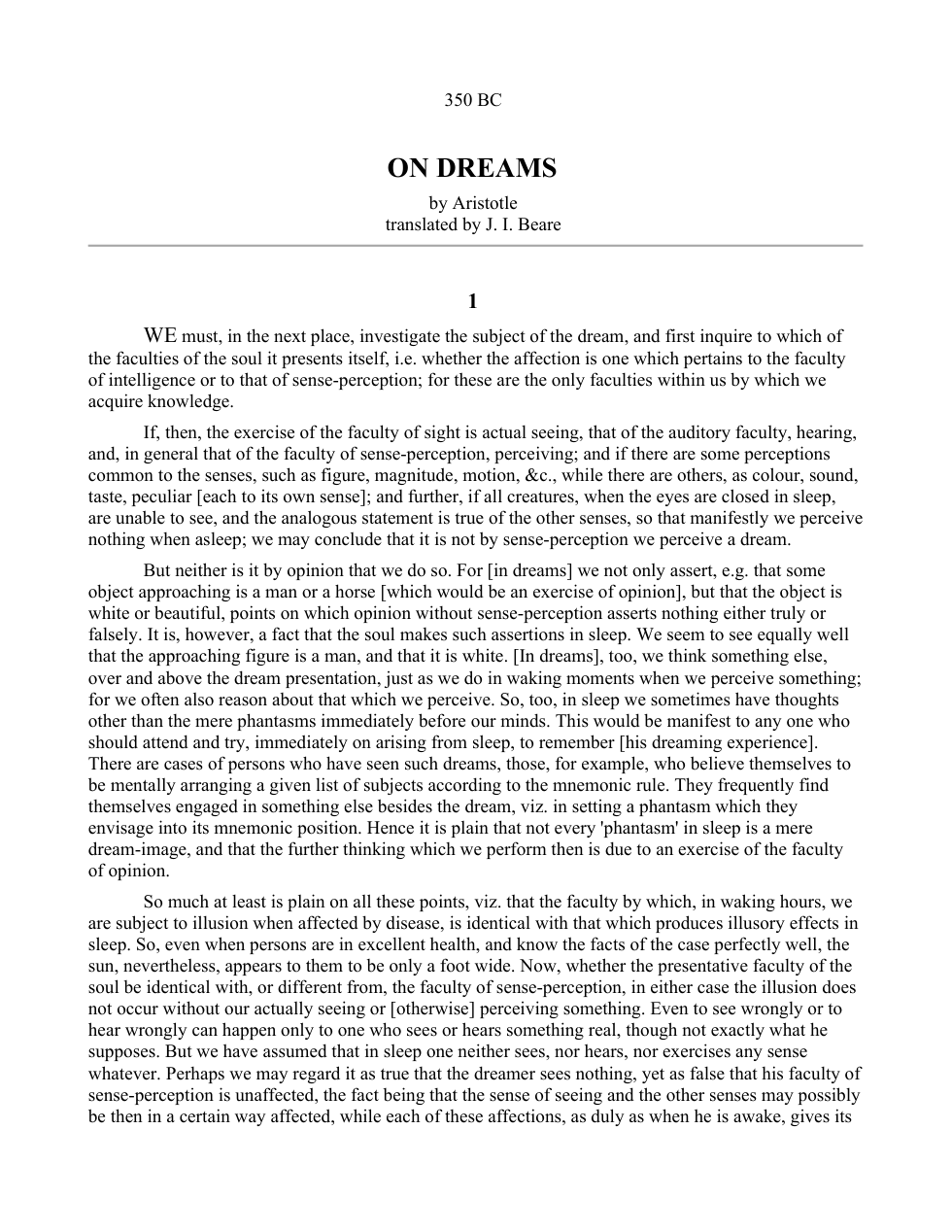 Aristotle - On Dreams (350 BC) cover