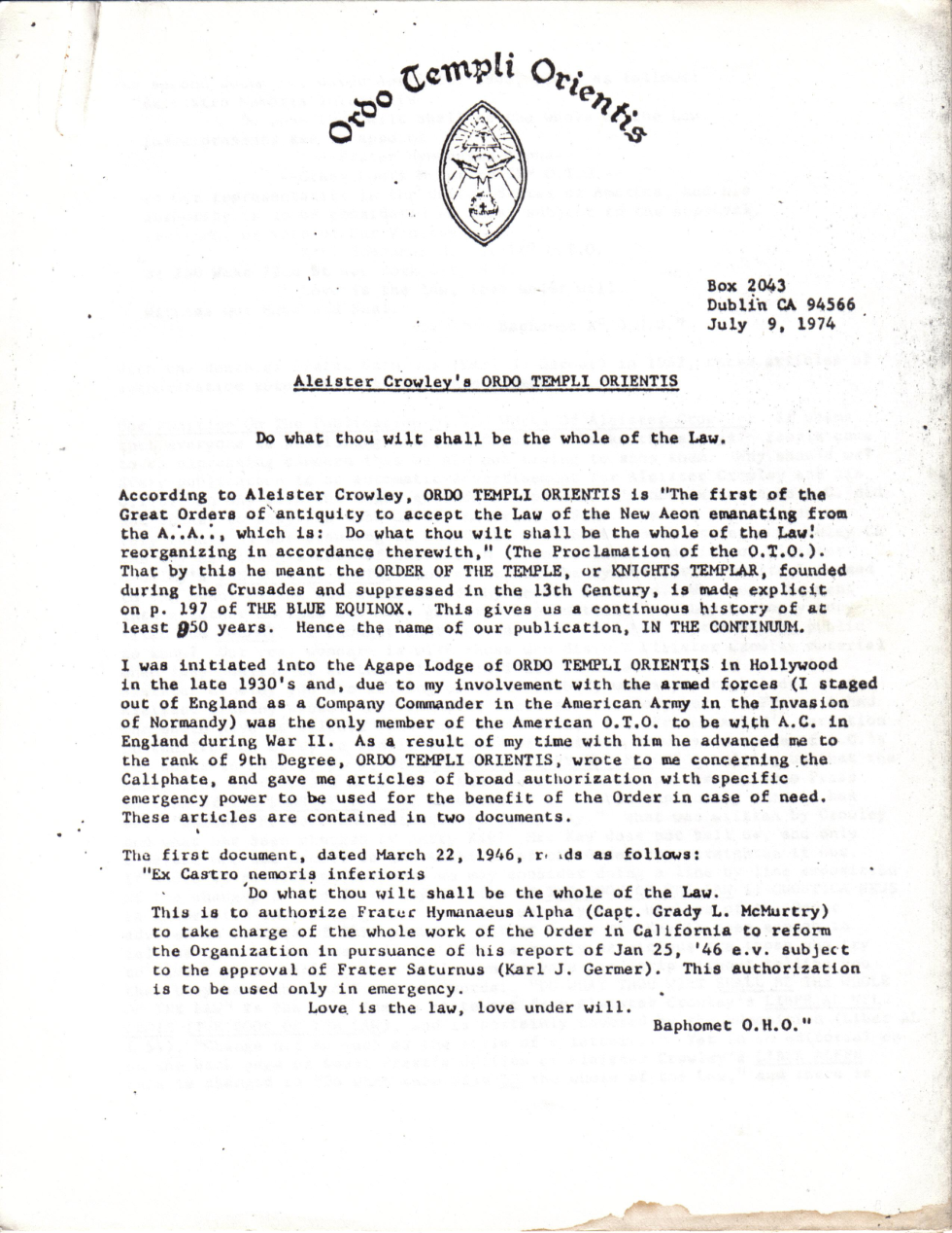 OTO Newsletter - 1974 cover