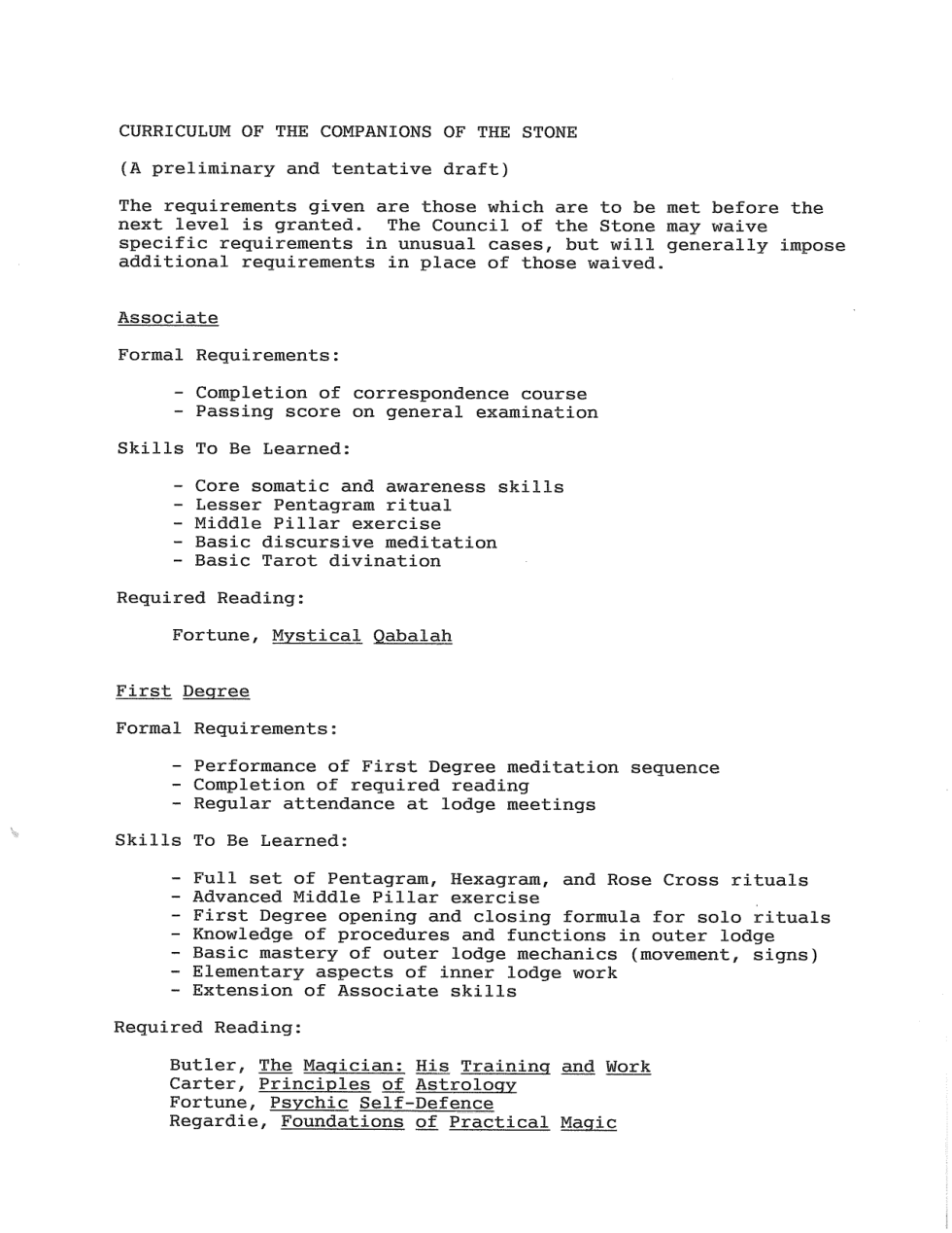 Draft Overall Curriculum of the Companions of the Stone cover