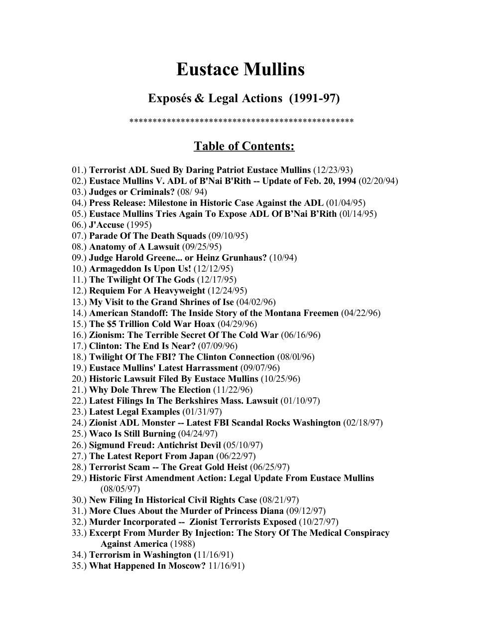 Eustace Mullins - Exposes and Legal Actions (1991-97) cover