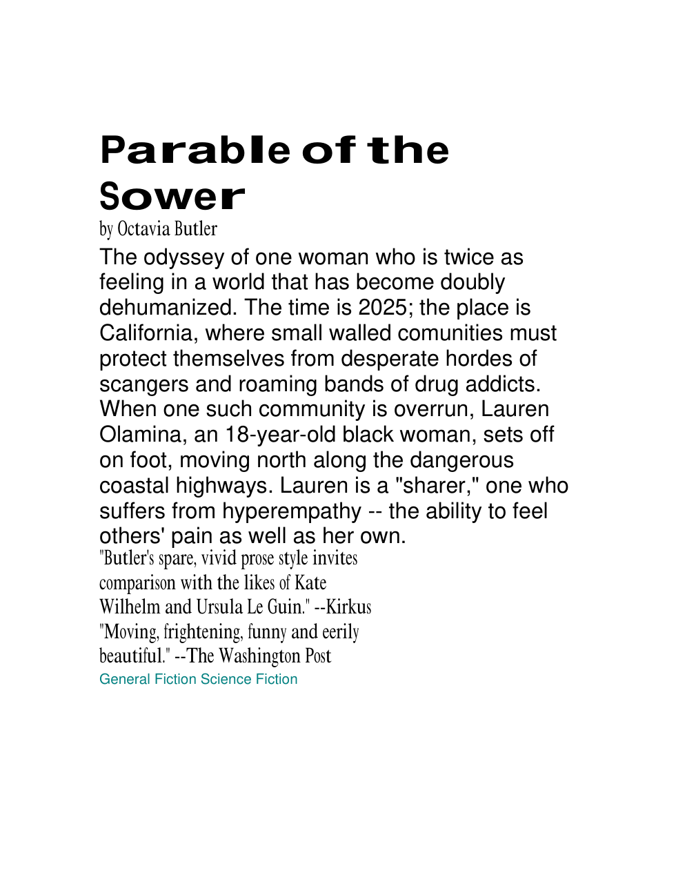 Octavia Butler - Parable of the Sower cover
