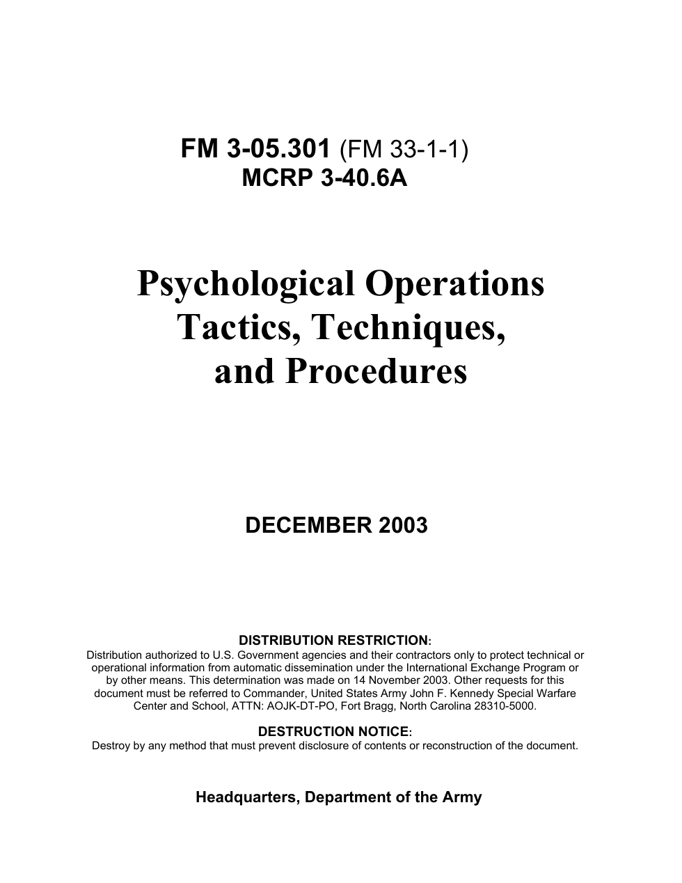 fm 3-05-301 Psychological Operations Tactics, Techniques, and Procedures cover