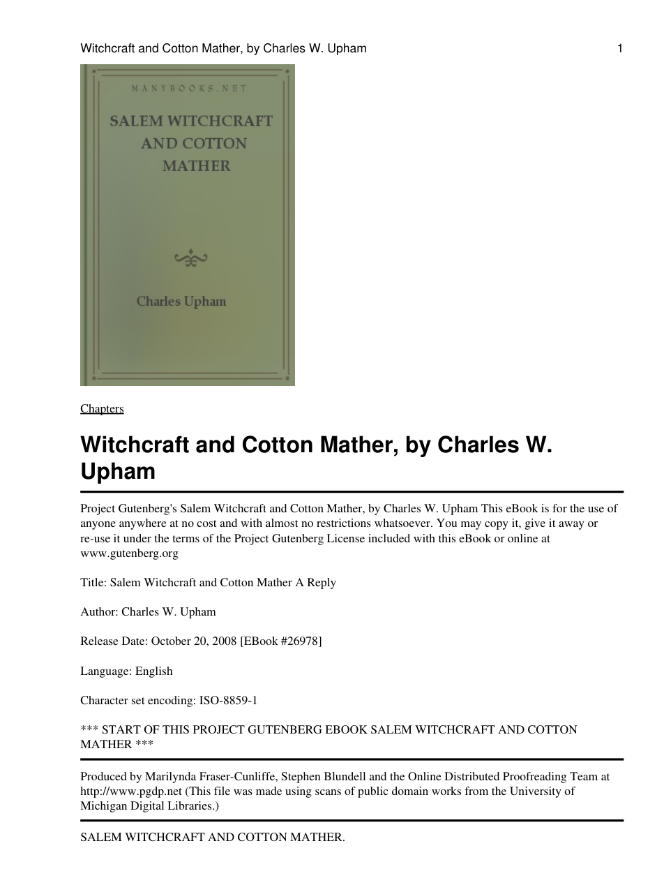 Charles Upham - Salem Witchcraft and Cotton Mather cover