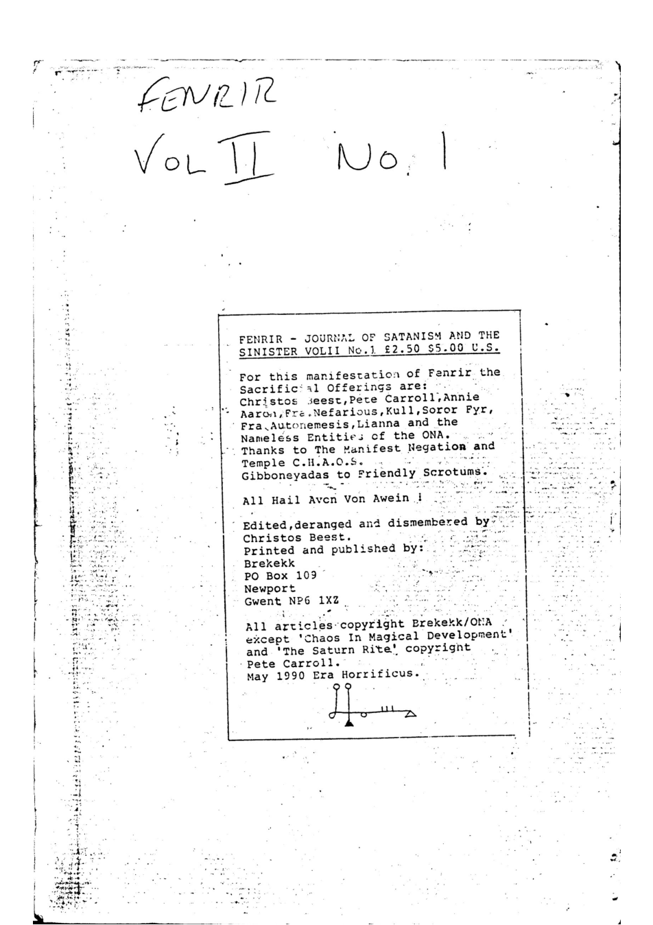 Order of Nine Angles - Fenrir (Journal of Satanism and the Sinister) Volume II, No. 1 cover