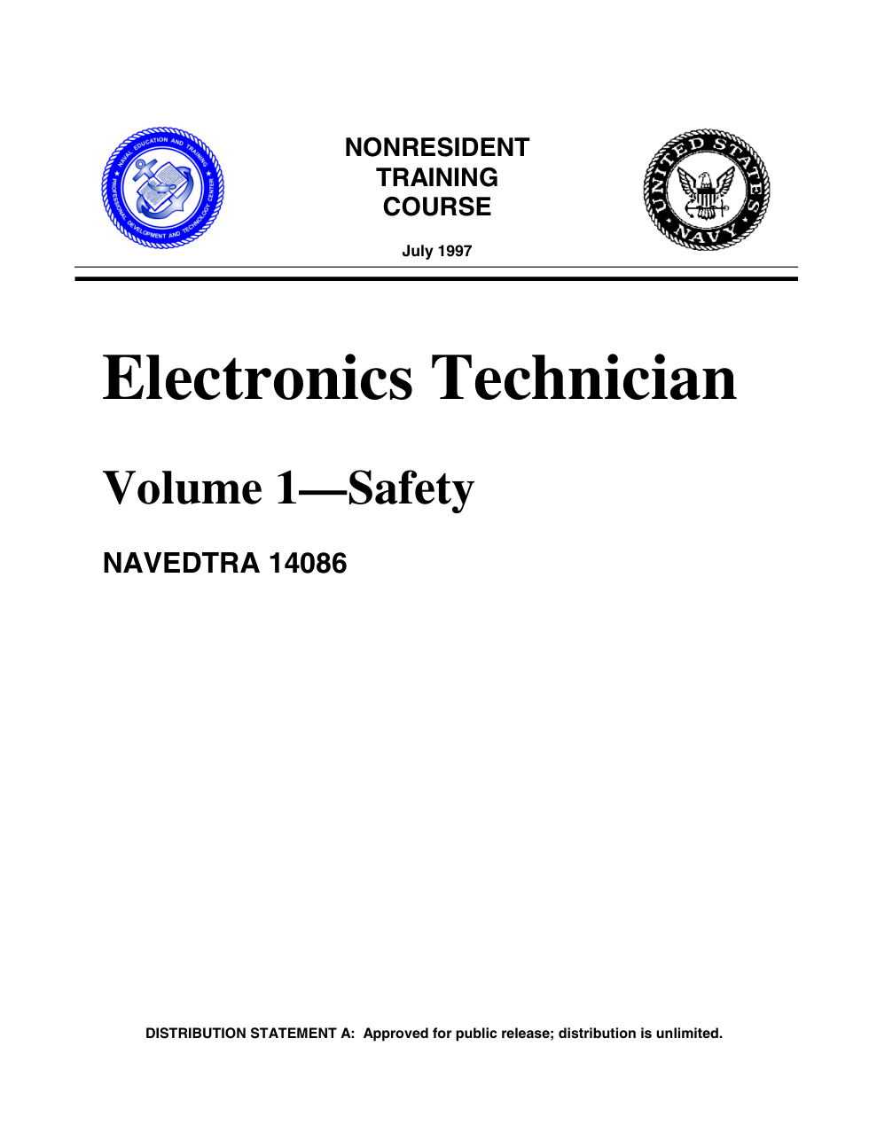 NAVY Electronics-Technician Vol 1 - Safety 1997 58 pages cover