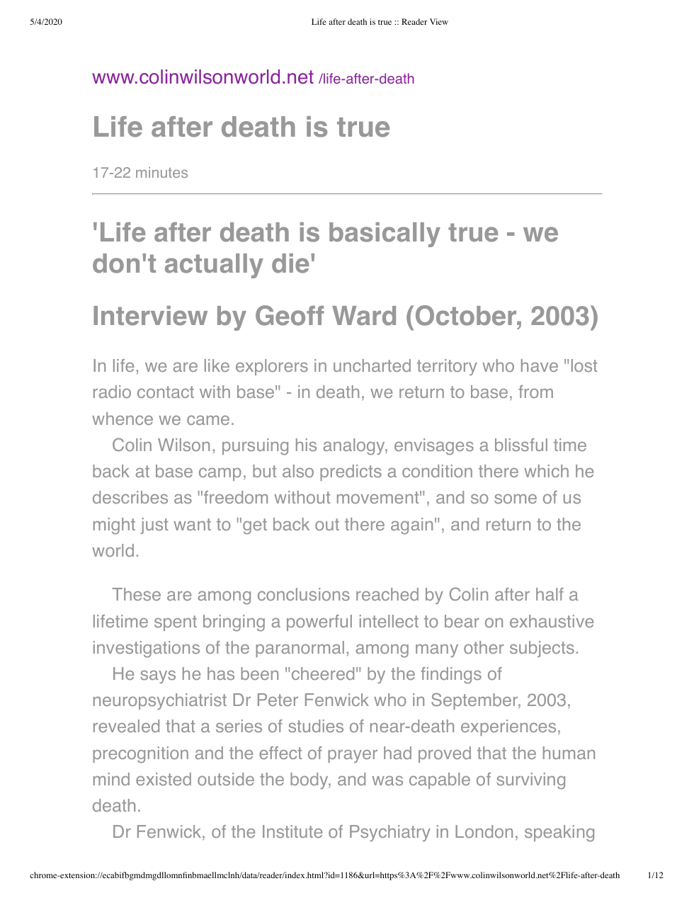 Colin Wilson - Interview - Life After Death Is True cover