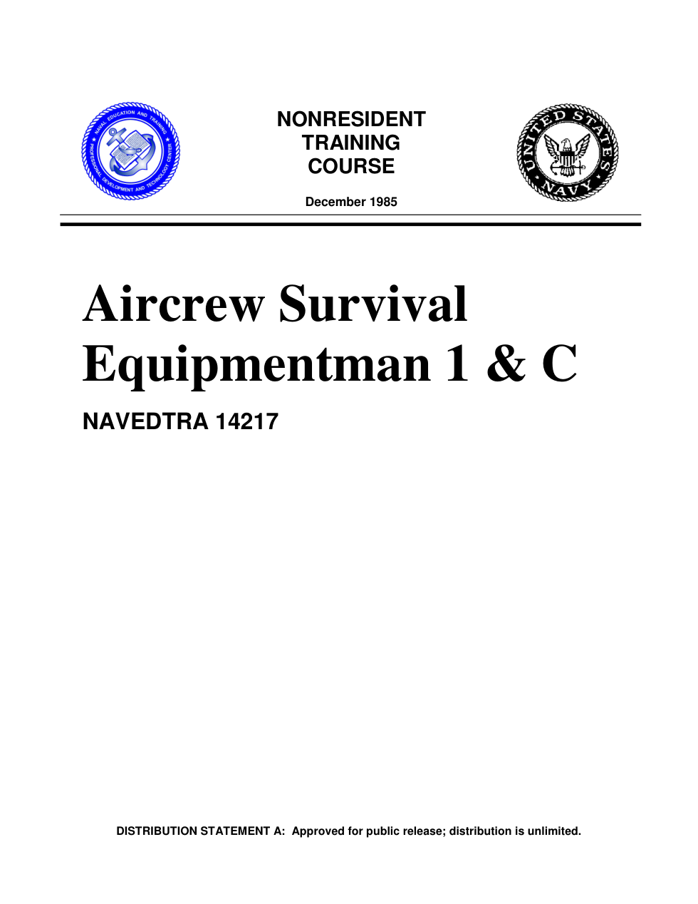 NAVY Aircrew Survival Equipmentman 1 & C 1985 187pgs cover