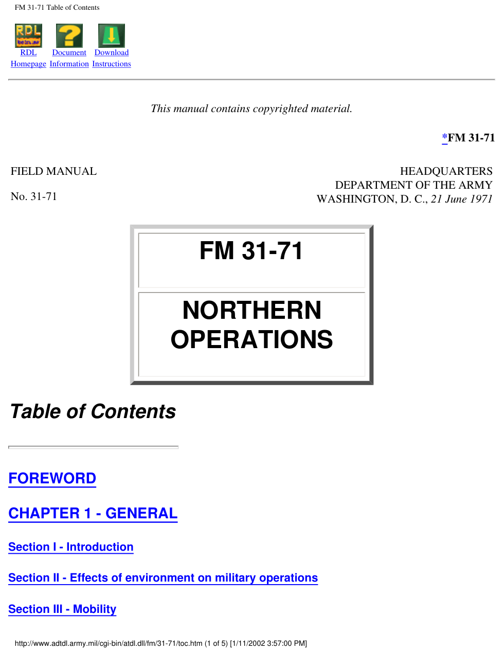 FM 31-71 Northern Operations cover