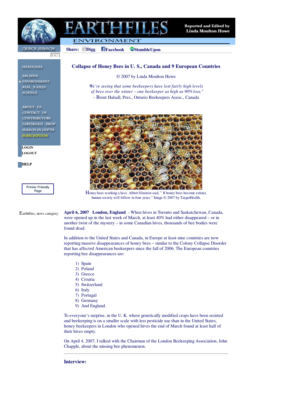 04 06 2007 Collapse of Honey Bees in U. S., Canada and 9 European Countries cover