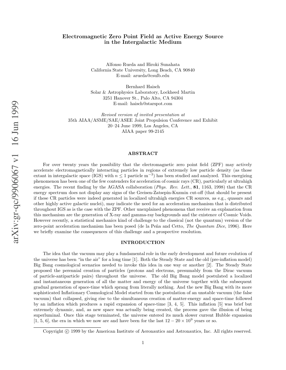Electromagnetic Zero Point Field As Active Energy Source In The Intergalactic Medium cover
