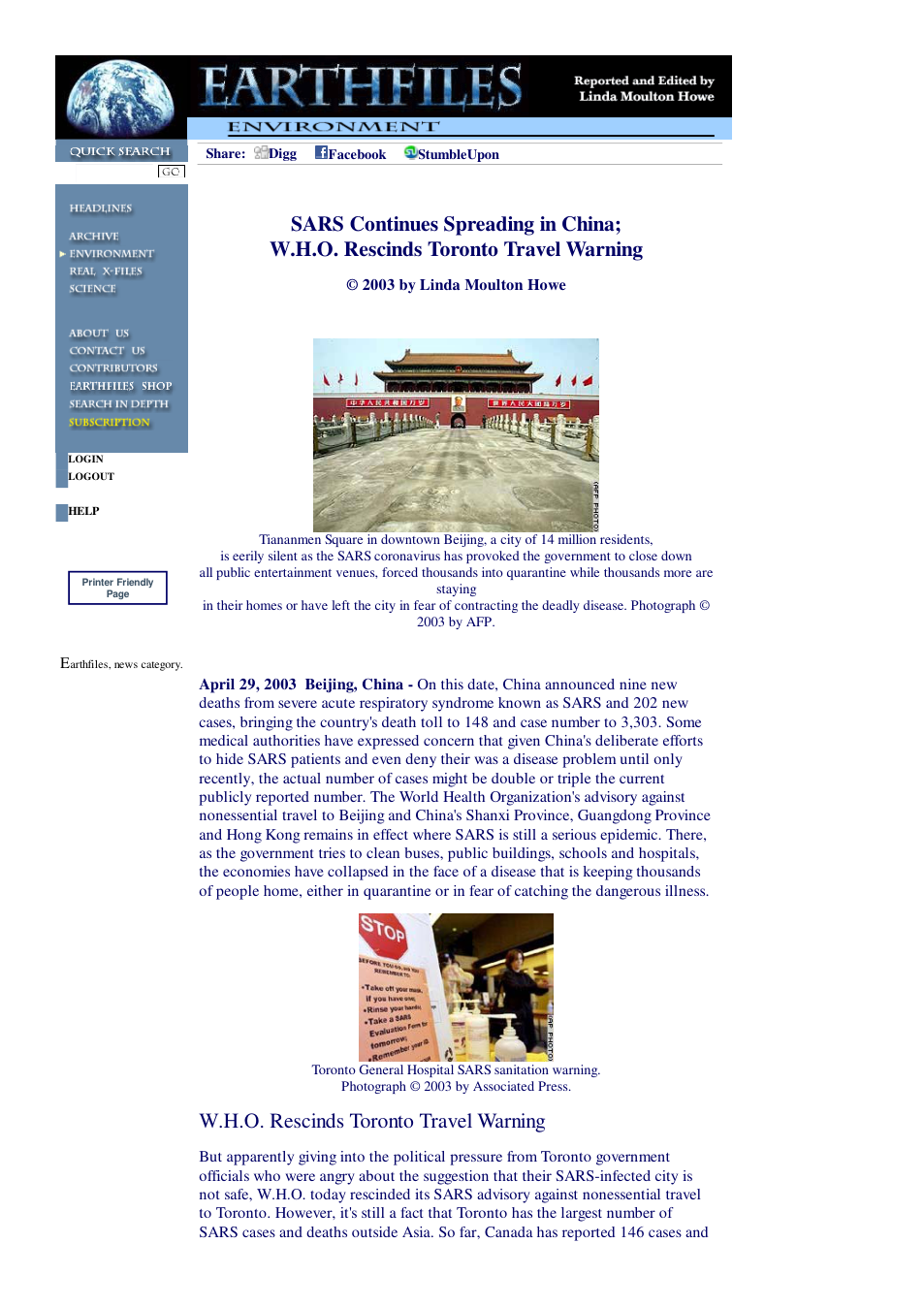 04 29 2003 SARS Continues Spreading in China; W.H.O. Rescinds Toronto Travel Warning cover