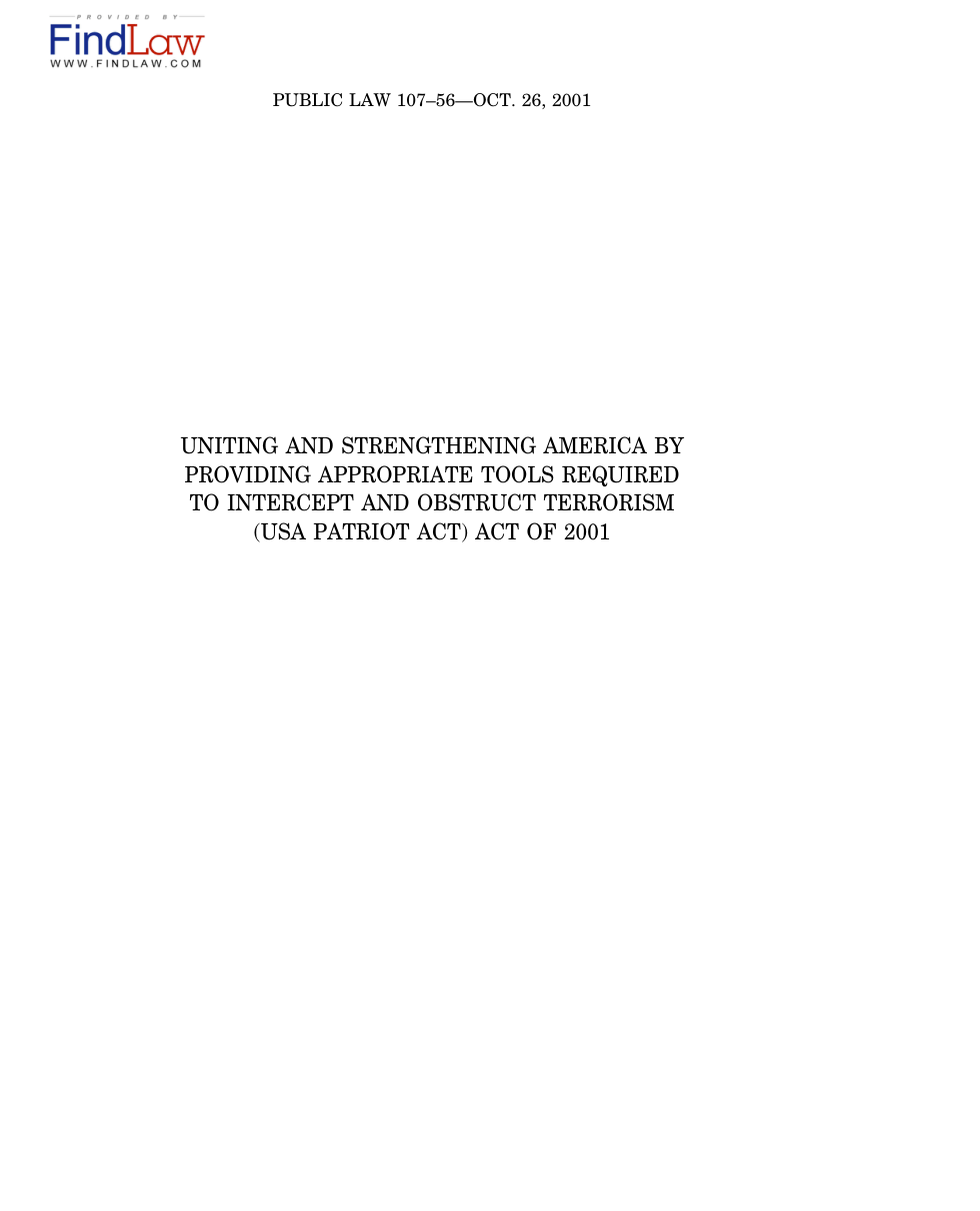 USA Patriot Act of 2001 2001 136 pages cover