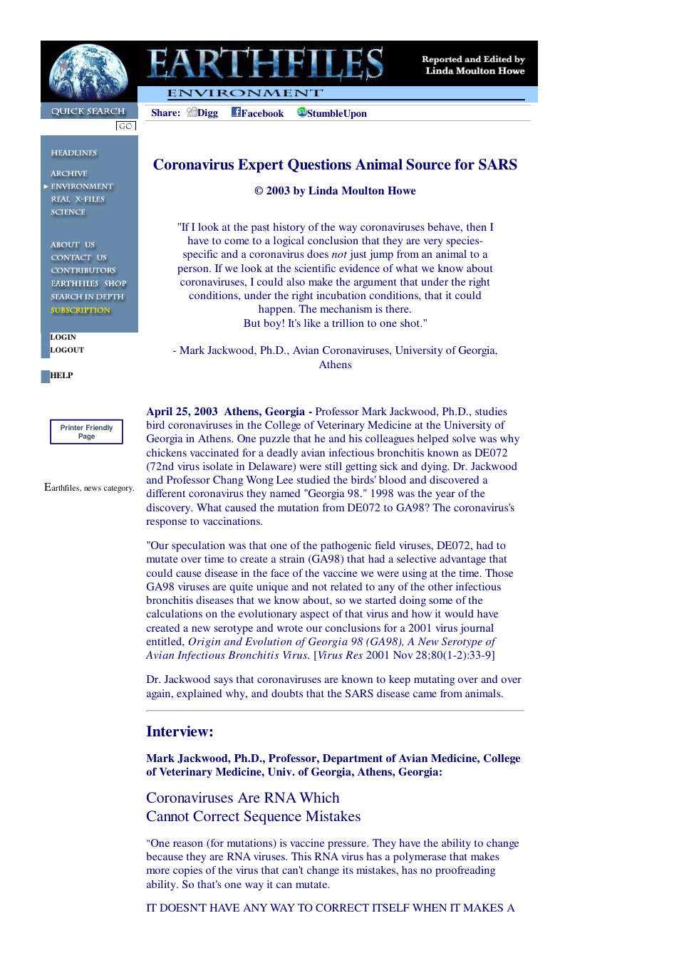 04 25 2003 Coronavirus Expert Questions Animal Source for SARS cover