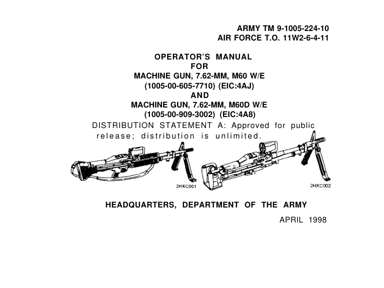 ARMY M60 Machinegun Maintenance & Op. 1998 220 pages cover