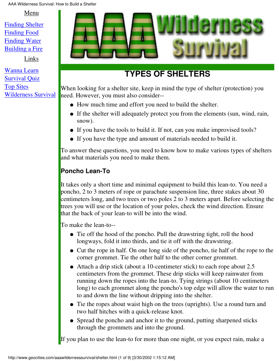 Survival - Wilderness Shelter Types cover