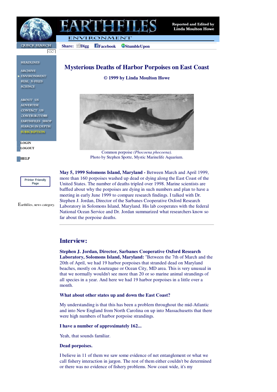 05 04 1999 Mysterious Deaths of Harbor Porpoises on East Coast cover