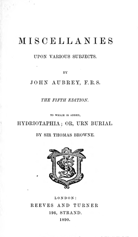 Miscellanies Upon Various Subjects - J Aubrey cover