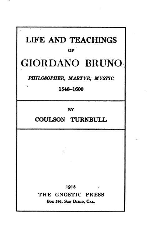 Life & Teachings of Giordano Bruno - C Turnbull cover