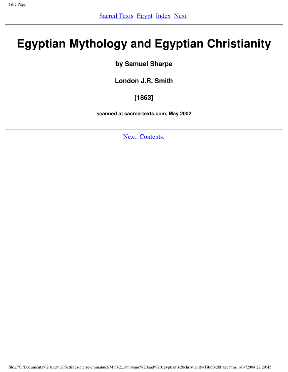 Samuel Sharpe - Egyptian Mythology & Egyptian Christianity [1863] cover