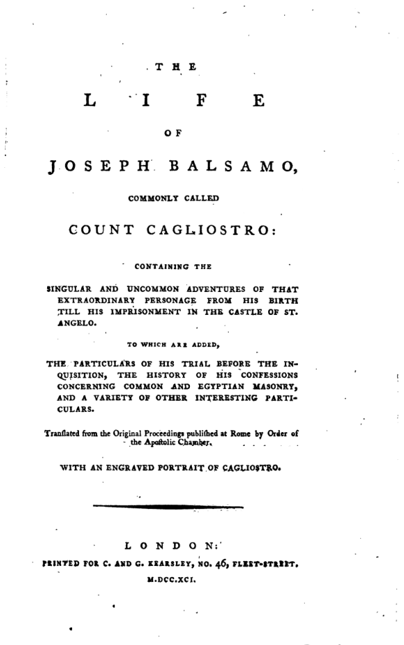 The Life of Joseph Balsamo Commonly Called Count Cagliostro cover