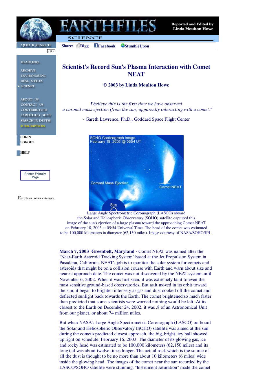 03 07 2003 Scientist's Record Sun's Plasma Interaction with Comet NEAT cover