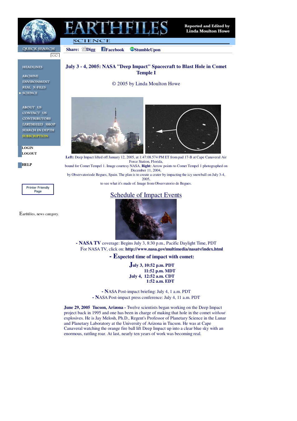 06 29 2005 July 3-4, 2005 NASA Deep Impact Spacecraft to Blast Hole in Comet Temple I cover