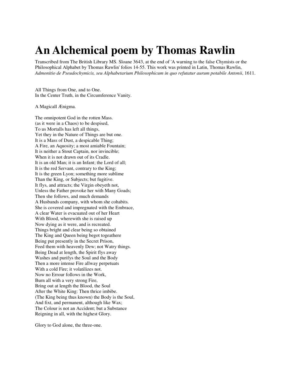 An Alchemical poem by Thomas Rawlin cover