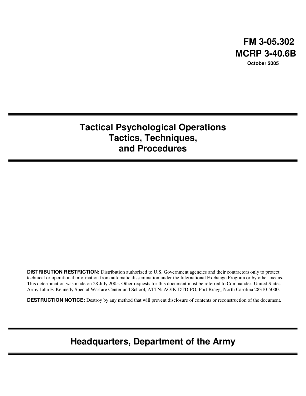 fm 3-05-302 Tactical Psychological Operations Tactics, Techniques, and Procedures cover