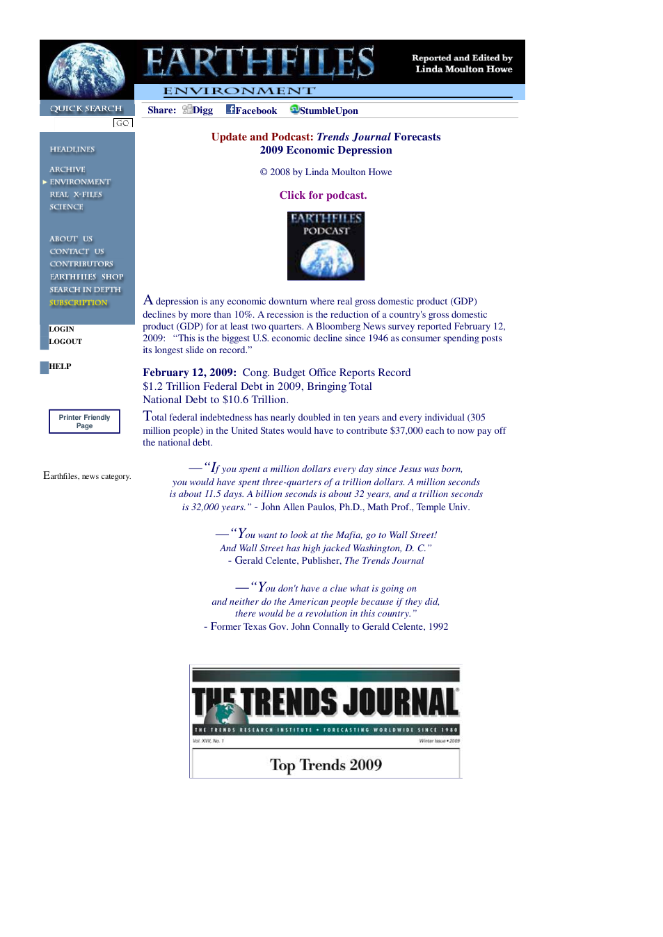 02 14 2009 Update and Podcast Trends Journal Forecasts 2009 Economic Depression cover