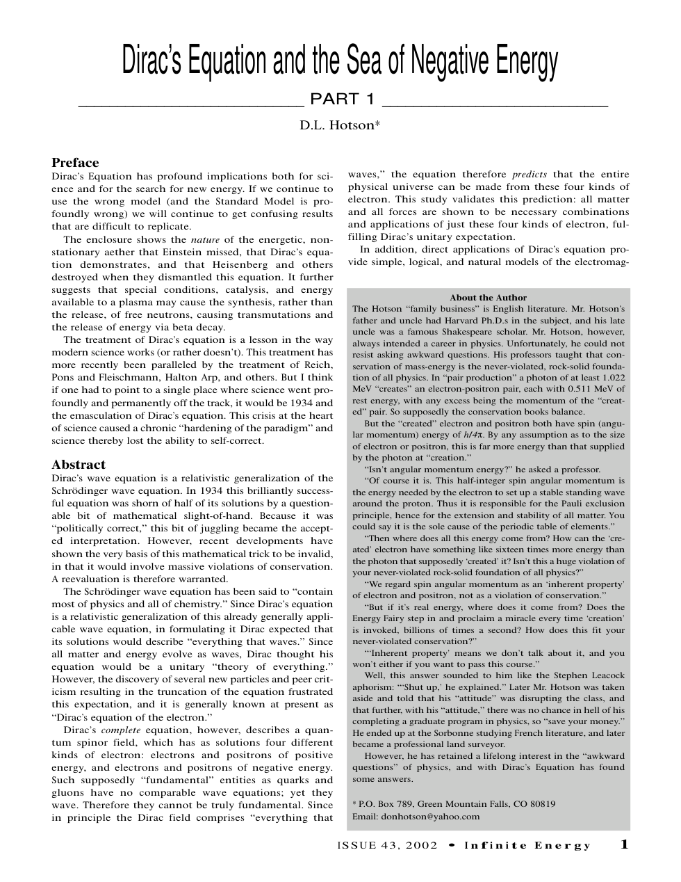 Hotson - Infinite Energy Issue 43 - Dirac's Equation and the Sea of Negative Energy (2002) cover