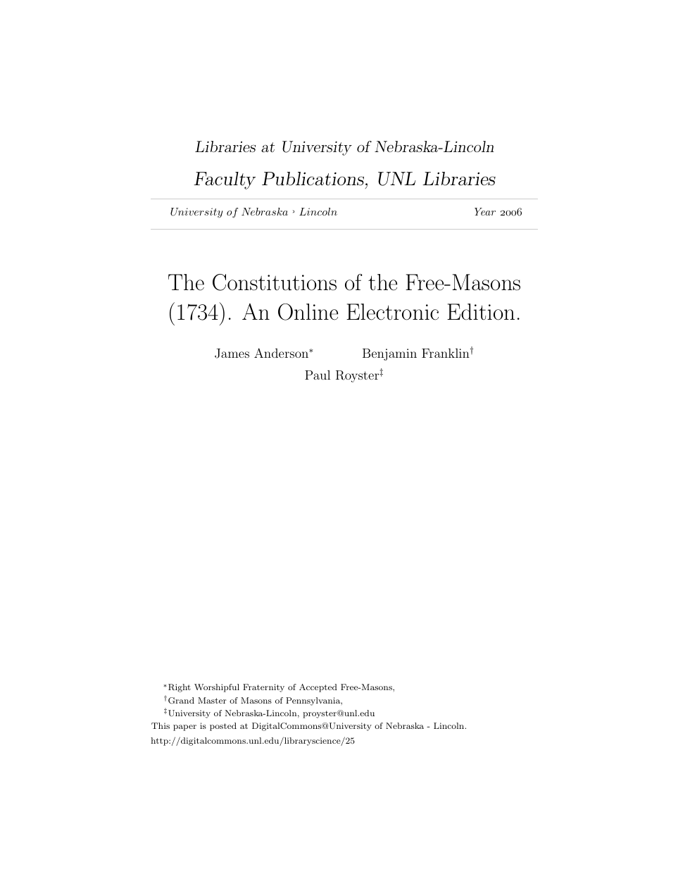 The Constitutions of the Freemasons - 1734 Anderson, Franklin & Royster cover