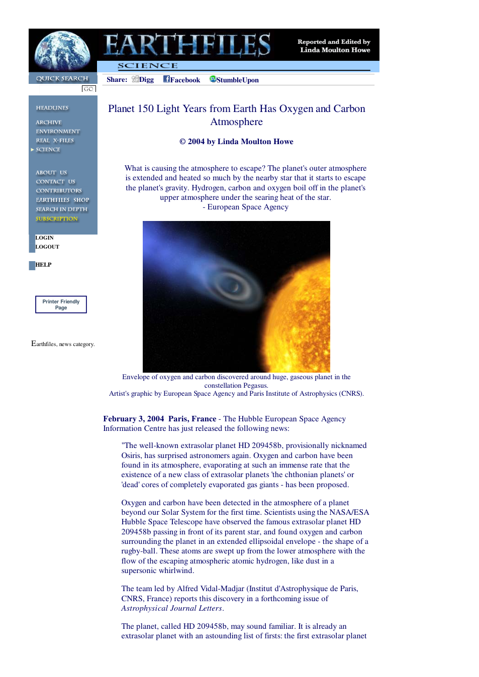 02 03 2004 Planet 150 Light Years from Earth Has Oxygen and Carbon Atmosphere cover