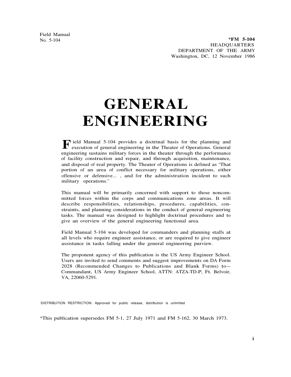FM 5-104 General Engineering cover