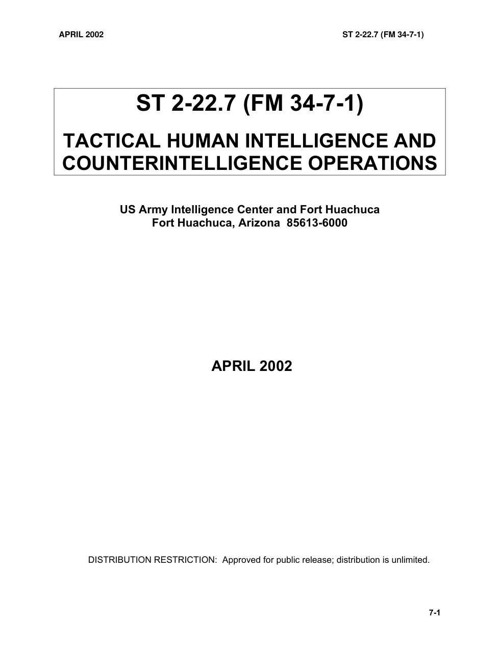 ST 2-22.7 Tactical Human Intelligence and Counterintelligence Operations cover