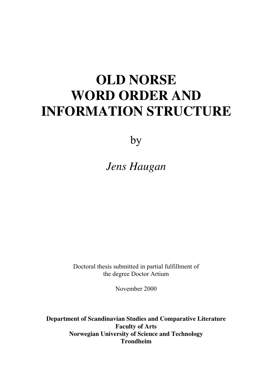 Jens Haugan - Old Norse Word Order and Information Structure cover