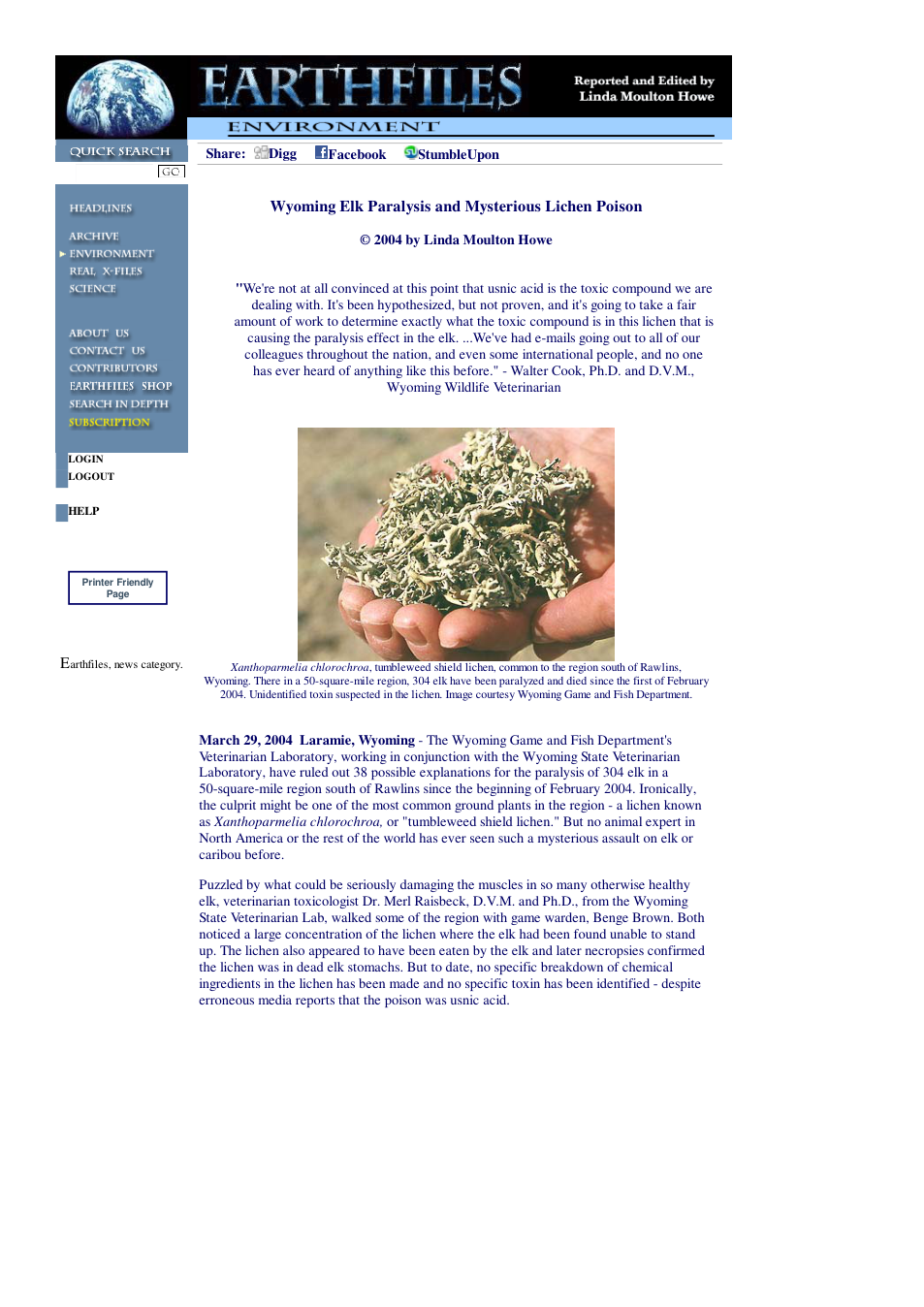 03 29 2004 Wyoming Elk Paralysis and Mysterious Lichen Poison cover