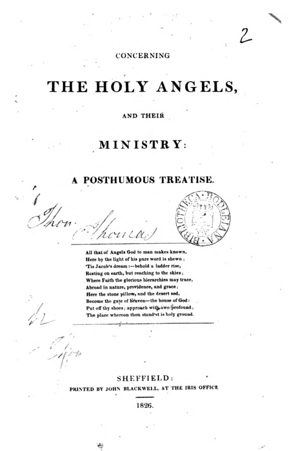 Concerning the holy angels, and their ministry a posthumous treatise - R. C. Brackenbury (1826) cover