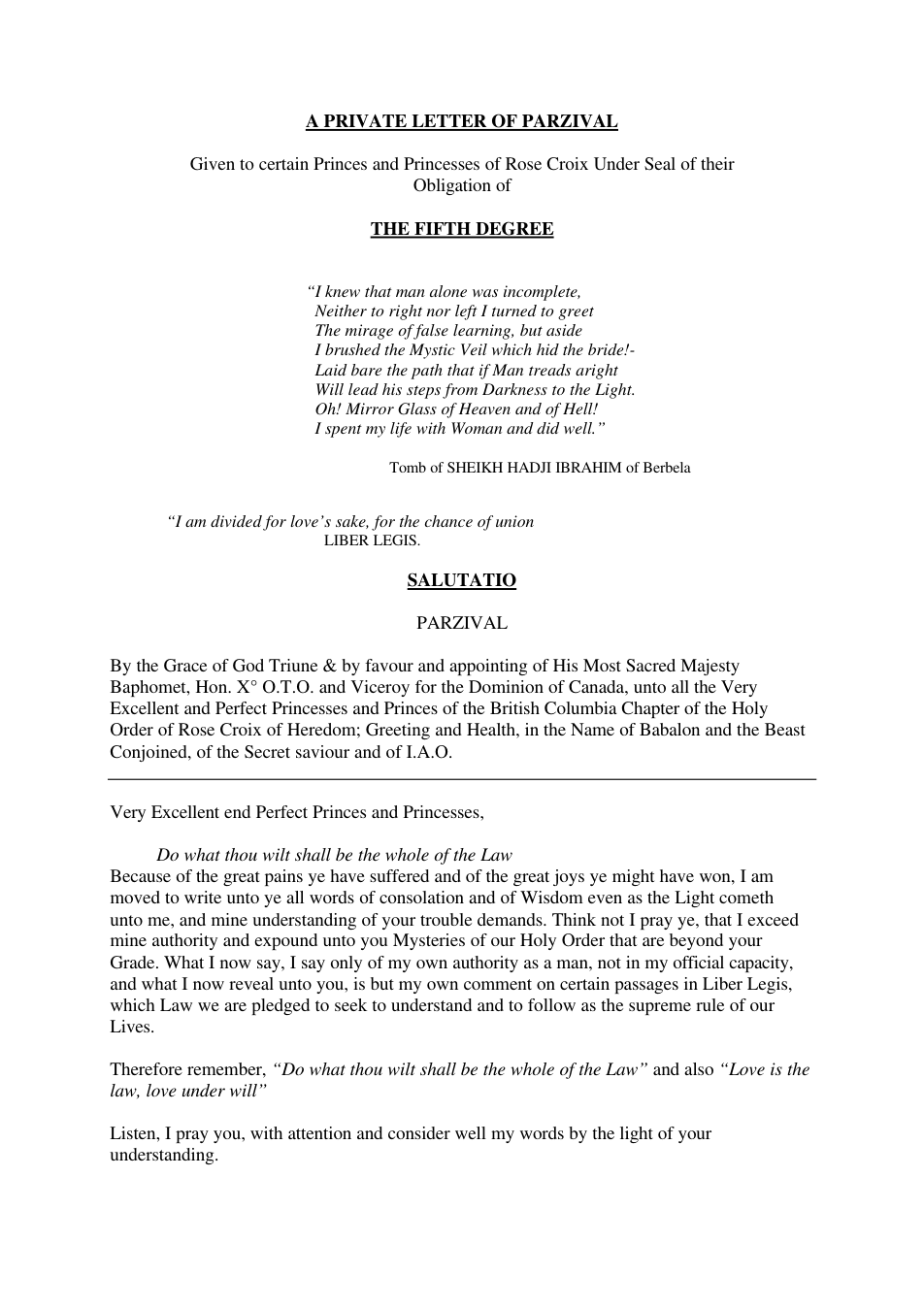 Fr. Achad - Private Letter of Parzival cover