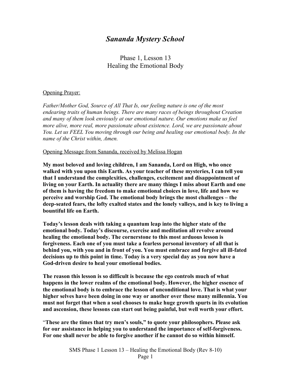 SMS Phase 1 Lesson 13 - Healing the Emotional Body cover