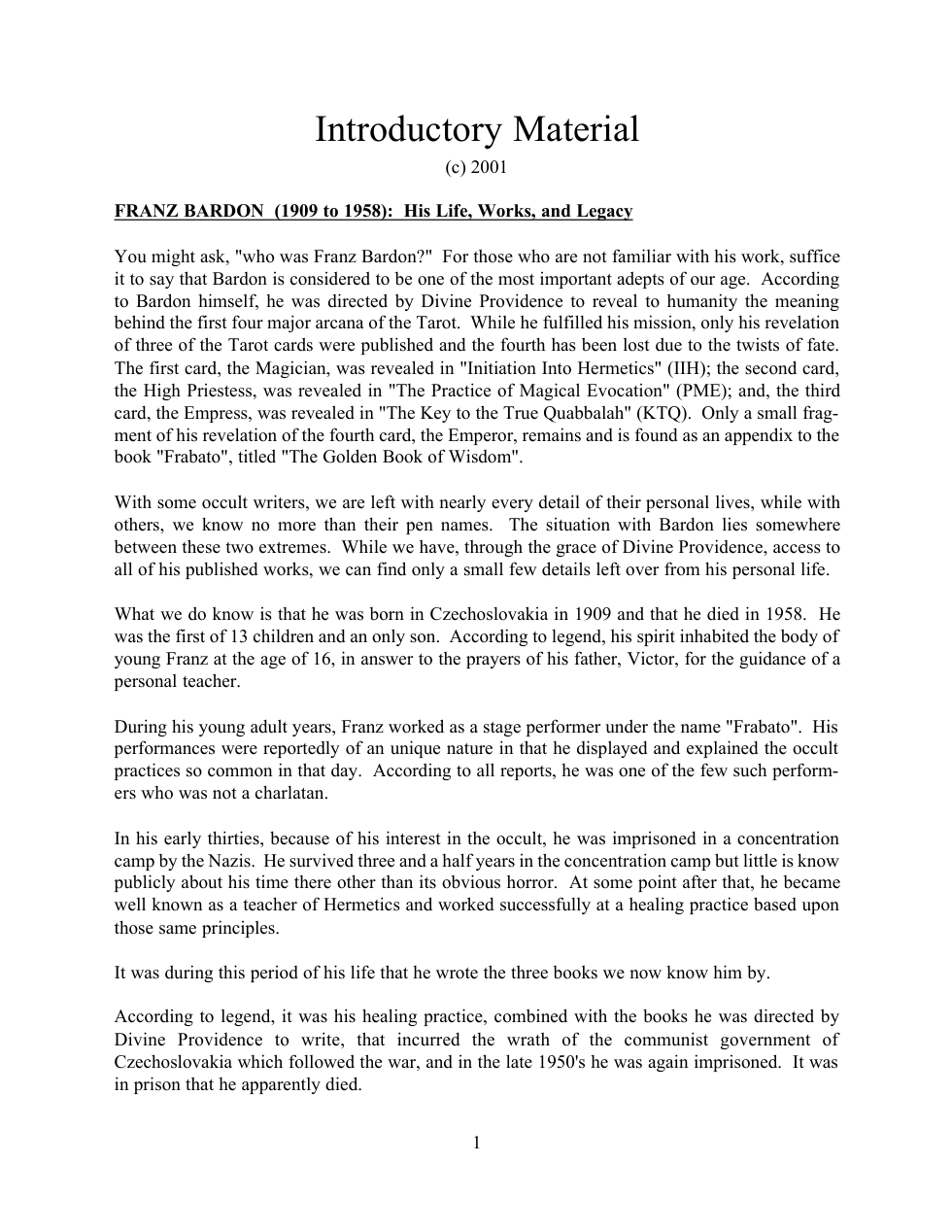 Franz Bardon Introductory Material cover