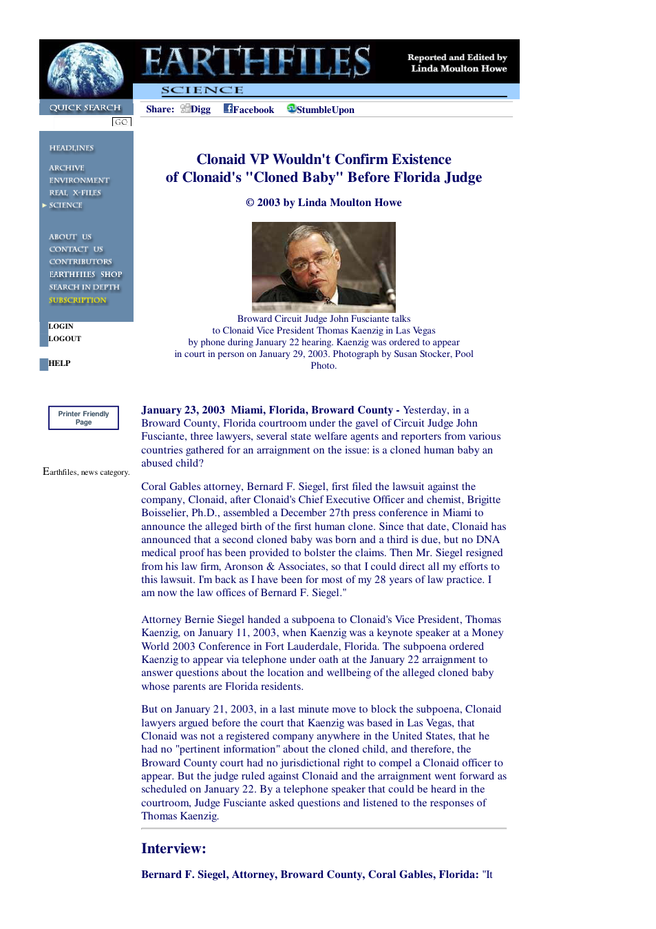 01 23 2003 Clonaid VP Wouldn't Confirm Existence of Clonaid's Cloned Baby Before Florida Judge cover