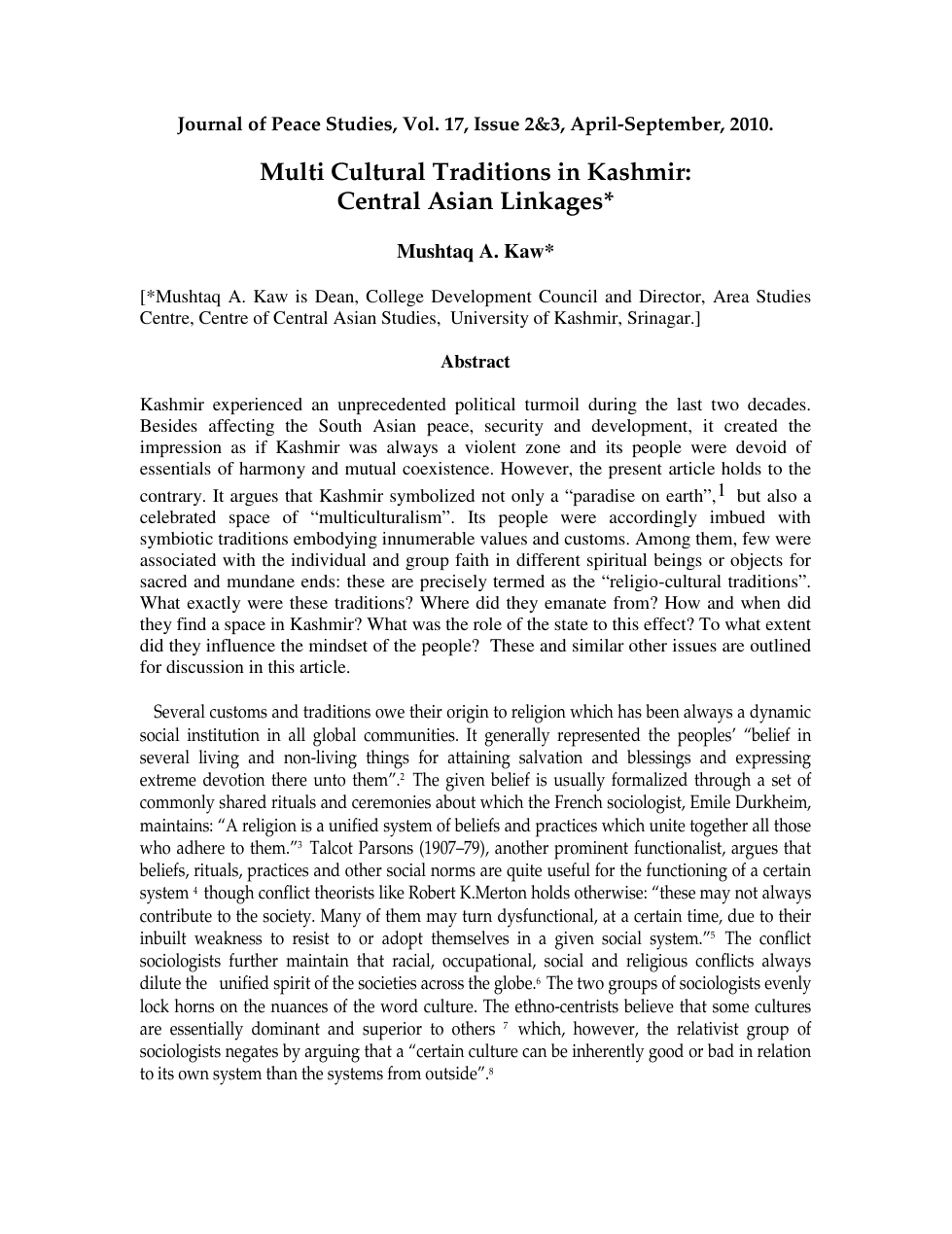 Multi Cultural Traditions in Kashmir Central Asian Linkages cover
