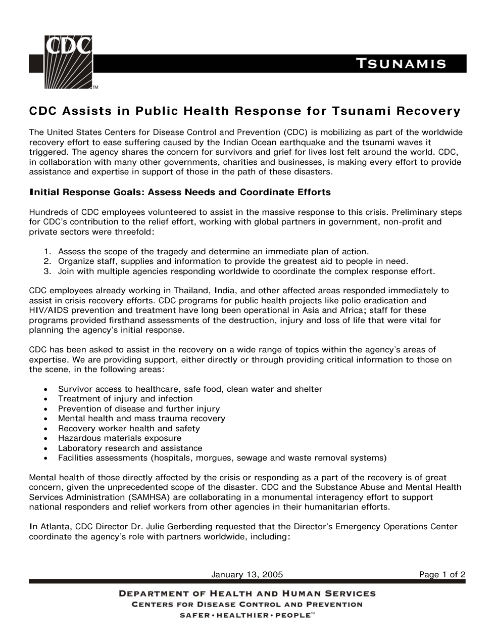 Tsunami Centers for Disease Cont. (CDC) Response 2005 2pgs cover
