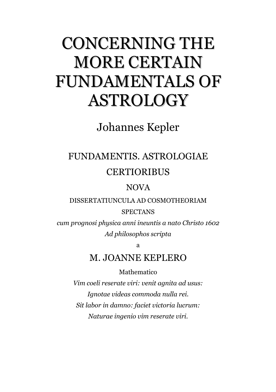 Concerning The Certain Fundamentals Of Astrology - J Kepler cover